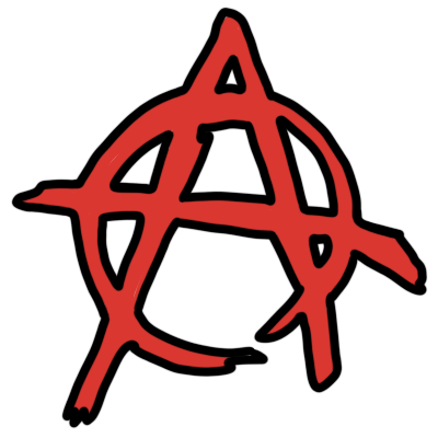 A red anarchist symbol with black outline, drawn a little messily like somebody has painted it